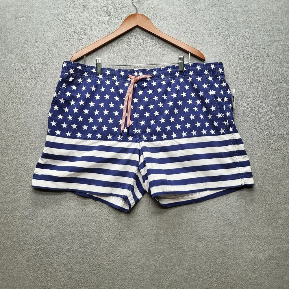 GAP Men‎ Swimwear XL Blue Swim Trunks Striped American Flag Drawstring NWT